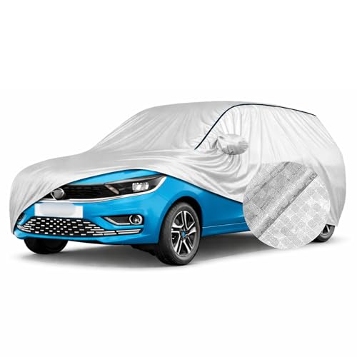 Image of SEAZEN Waterproof Car Cover for Tata Tiago | Dustproof, UV & Scratch Resistant Soft Cotton Lining | Triple Stitched, Mirror Pockets & Elastic Hem | Metallic Silver with Black Piping