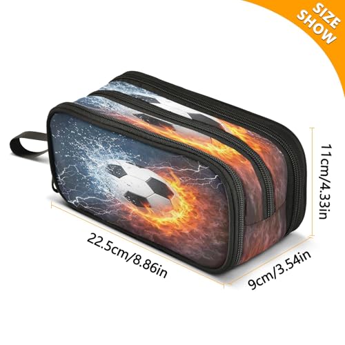 Image of Water and Fire Football Pencil Case 3 Compartment Pen Bag Pouch Holder Box School Portable Stationery Storage Bag for Girls Boys
