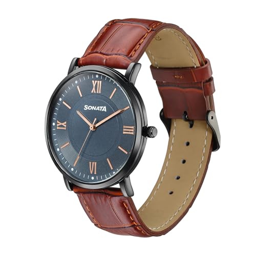 Image of Sonata Verve Quartz Analog with Black Dial Brown Geniune Leather Strap Watch for Men - 77189NL01