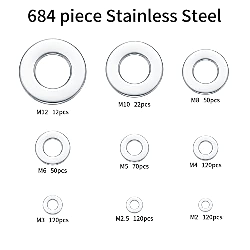 wugongshan 684 Pcs Stainless Steel Flat Washers, 9 Sizes Metal Washers Hardware Assortment Set - Image 2