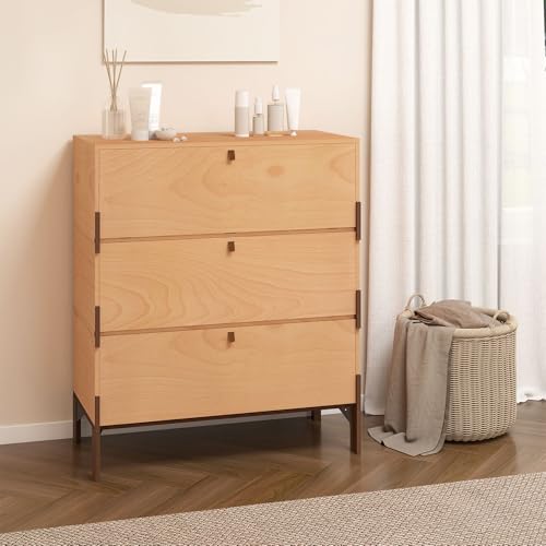 WHOOSPEREH Stackable 3 Drawers Dresser, Customizable Chest of Drawers for Bedroom, Living Room, Hallway, Entryway, Closet, Easy Assembly Wood Furnitures Cabinet, 30 inch Width Beech Color