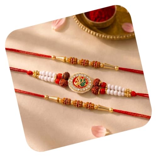 Image of Peora Rakhshabandhan Thread Rakhi for Brother Bhaiya | Crystals & Kundan Studded | Combo, Set of 3 | Rakhi Hamper with Roli Chawal & Greeting Card