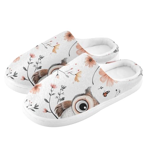 JUNZAN Cartoon Sweet Owls White Womens Cotton House Slippers Non Slip Memory Foam Hotel Slippers for Hospital Funny Presents 6-74