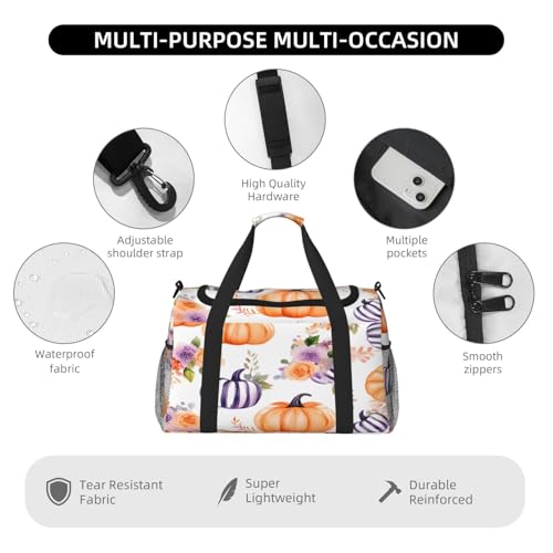 Duffle Bag Purple Flower Pumpkins Travel Duffel Bags for Men Women with Adjustable Strap Carry on Gym Bag Overnight Weekender Bag4