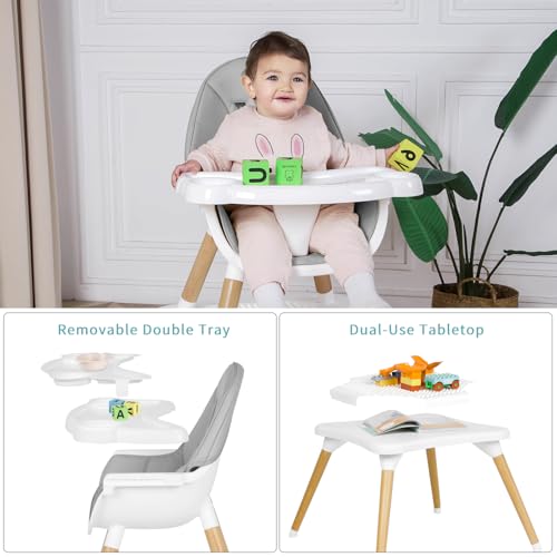 6 in 1 High Chair for Babies & Toddlers, Convertible Wooden Baby Highchair, Table and Chair Set, Baby Feeding Chair, 5-Point Adjustable Harness/4-Position Removable Tray& PU Seat Cushion(Grey)
