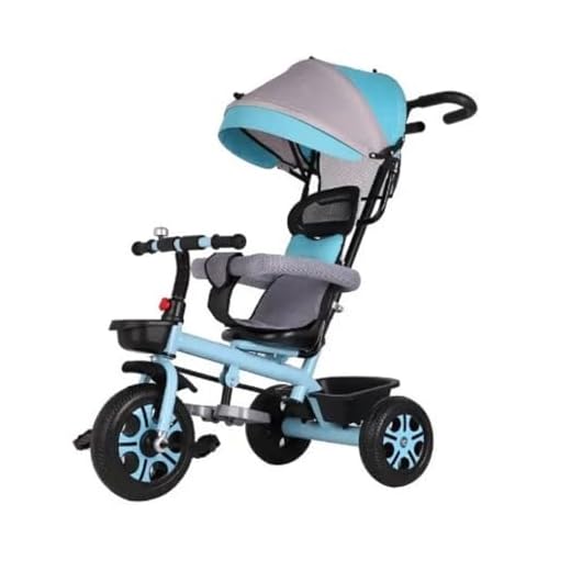 Triciclo Infantil 2x1 com Capota Azul e Haste para Empurrar