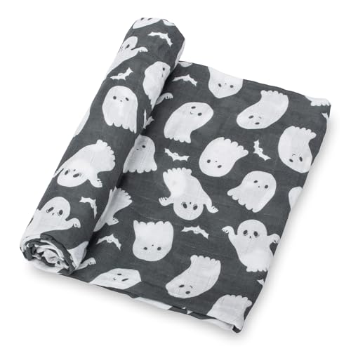 Image of LollyBanks Muslin Swaddle Blankets, 100% Cotton Baby Swaddle for Newborn Boys and Girls, Soft and Breathable 47 x 47 Inches Infant Blanket, Baby Registry Must Haves (Cute Ghost Halloween Print)