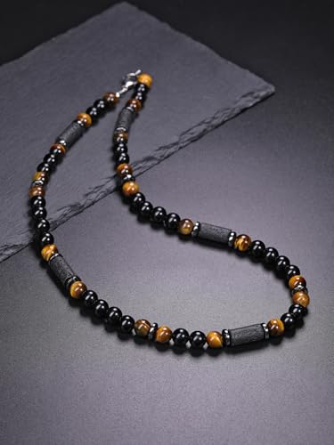 Top Plaza Men's Tiger Eye Lava Stones Healing Crystal Necklace Handmade Gemstone Beaded Necklace for Men Stress Relief Balance Protection Jewelry Gifts3