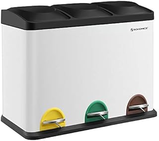 SONGMICS 3-komorowy kosz na śmieci, 45 l, z wewnętrznymi wiaderkami, kosz ze stali nierdzewnej, 3 x 15 l, biały i czarny LTB45W