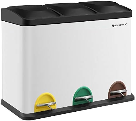 SONGMICS 3-komorowy kosz na śmieci, 45 l, z wewnętrznymi wiaderkami, kosz ze stali nierdzewnej, 3 x 15 l, biały i czarny LTB45W