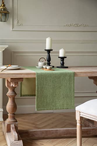 Image of ZeeMart Burlap Style Farmhouse Table Runner, 14x72 Inches Grass Green | Thick Durable Fabric, Mitered Corner Design, Rustic Woven Dining Table Runner, Machine Washable Everyday Table Scarf