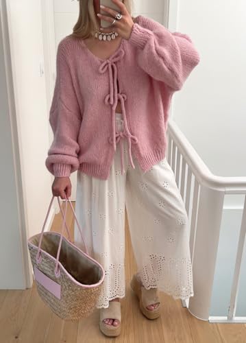 Image of chouyatou Women's Cute Bow Knot Cardigan Fall Casual Oversized Ribbed Knit Sweater Cardigan Tops