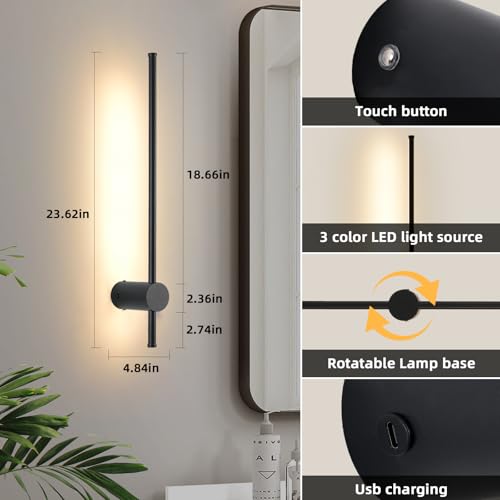 Image of LED Wireless Wall Sconce with Remote Control, Dimmable /350 Rotate /Timing /USB Rechargeable Battery Powered Indoor Wall Lamps, 23.6 inch Black Wall Lights Set of Two for Hallway, Living Room, Bedroom