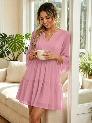 Image of Womens Spring Summer Mini Dress Western Ruffled Sleeve Chiffon V Neck Flowy A Line Short Wedding Guest Party Dresses