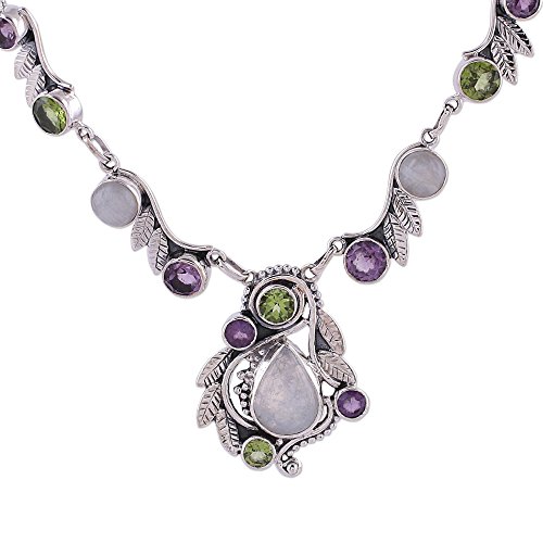 Novica Handmade .925 Sterling Silver Multigemstone Pendant Necklace From India Amethyst Rainbow Moonstone Peridot Clear Green Multicolor Purple Birthstone 'Luminous Beauty' #TOP1