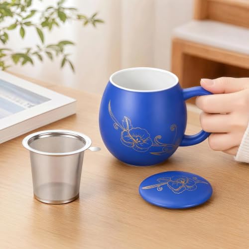Image of Yundu 12 OZ Ceramic Mug with Lid & Tea Strainer - Matte Blue Tea Cup with Golden Flower, Stainless Steel Infuser for Loose Leaf Tea