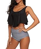 Durio Bikini High Waist Damen Zweiteiliger Bikini Set Hohe Taille Bikinihose mit Langem Volant Schwarz-Streifen 40-42