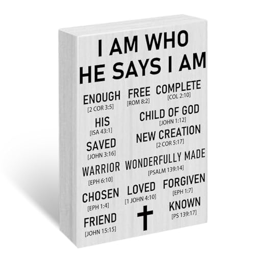 OZUEMUL Christian Wooden Sign Decor, I Am Who He Says I Am, Religious Jesus Motivational Decor Scripture Bible Verse Home Office Desk Decoration Inspirational Christian Baptism Gifts for Women Men