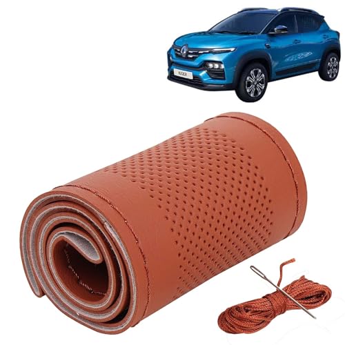 Image of KINGSWAY PU Leatherite Car Steering Cover Sewable Compatible with Renault Kiger (Year 2021 Onwards), Tan Color with Tan Thread, Pack of 1 with Sewing Needle and Thread
