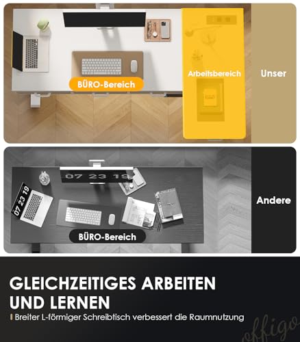 OffiGo Biurko z Regulacją Wysokości, 160x80 cm Elektryczne biurko z 4 szufladami, Duży Stół Narożny z Gniazdkiem, Standing Desk Litery L stojące i Schowkiem do Biura i Gabinetu, biały