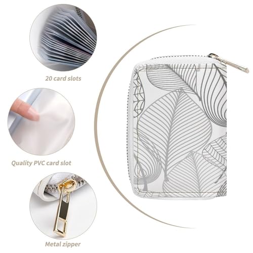 Women Leather Coin wallet, Key Change Organizer Zipper Card Holder Purse Clutch Pouch Pocket 4.5x3.15 in Print Seamless Autumn Black White Leaves Gold Leaf Silhouettes4