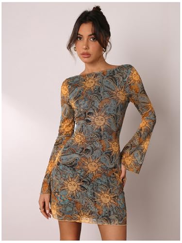 Image of Milumia Women's Floral Long Bell Sleeve Backless Mini Dress Party Date Night Going Out Dresses