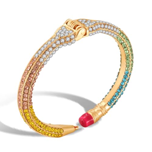 Back to School Pencil Bangle Bracelet School Teacher Rainbow Glitter Bling Pencil Hinged Cuff Bangle Fun First Day of School Graduation Teachers Day Jewelry Accessories Gifts