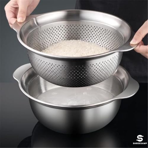 Image of Multipurpose Stainless Steel Bowl Colander Strainer Drainer With Handle For Fruits Rice, Vegetable, Noodles Grains Washing Filter Basket For Kitchen Bowl Storing And Straining Silver, Medium