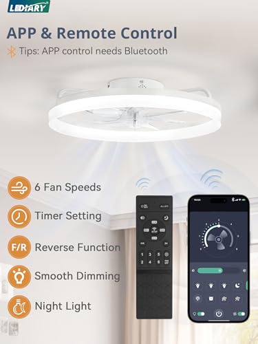 Image of LEDIARY Ceiling Fans with Lights, 20 inch Low Profile Flush Mount Ceiling Fan, Dimmable LED, APP & Remote Control, Quiet Reversible DC Motor, 6 Speeds, Fandelier for Bedroom, White
