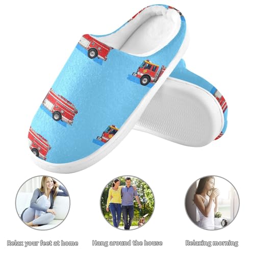JUNZAN Fire Fighting Truck Royal Blue Women Cotton Slippers Soft Memory Foam Ladies Slippers for Hotel Funny Presents 6-73
