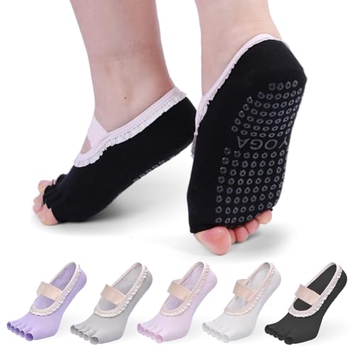 Image of Women's Fashion Toe Separator Yoga Socks with Non-Slip Grips, Lace Trim - Breathable & Stretchy for Pilates, Ballet, Gym, Barre Workouts.(Black)
