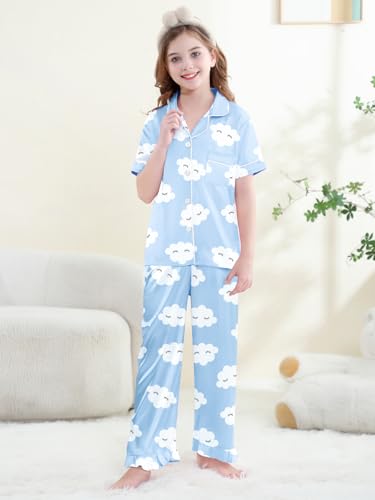 QZH.DUAO Girls Satin Pajamas Set Button Down Silk 2 Piece Pj Sets Ruffle Pants Sleepwear, Blue Eyelashes, 7-8 Years3