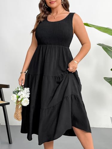 RWJ Plus Size Summer Sleeveless Tank Dress for Women 2025 Smocked Casual Loose Sundress Flowy Beach Tiered Long Midi Dresses4