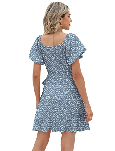 Image of Sampeel Womens Summer Dresses Square Neck Puff Sleeve Tie Waist Short Dress