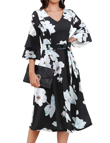 Image of DRESSTELLS Women's Cocktail Dress Summer Wedding Guest Party Vintage 3 /4 Bell Sleeve V Neck A-Line Dress