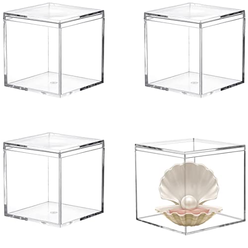 KissYou Acrylic Box 4 Packs Clear Boxes with Lid Acrylic Square Cube for Display Jewelry Storage Box...