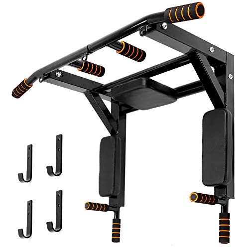 Odoland Wall Mounted Pull Up Bar and Dip Station, Chin Up Bar Dip Stands Compact Power Tower Set for Indoor Home Gym Workout, Multifunctional Fitness Training Equipment Supports to 440 Lbs