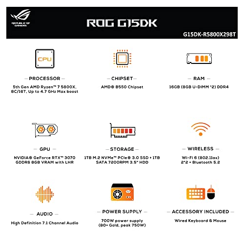 Image of ASUS ROG Strix GA15, 8 Core AMD Ryzen 7-5800X Gaming Desktop (16GB /1TB HDD + 1TB SSD /8GB NVIDIA GeForce RTX 3070 Graphics /Windows 10 /with Keyboard & Mouse /Black /11Kg), G15DK-R5800X298T