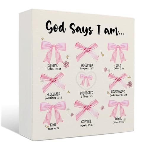 Nrleey Coquette Bow Wooden Sign - Coquette Room Decor, Pink God Says I Am Wooden Box Signs, Preppy Coquette Bow Bible Verse Decor, Inspirational Christian Gifts for Women, 5 X 5 Inches