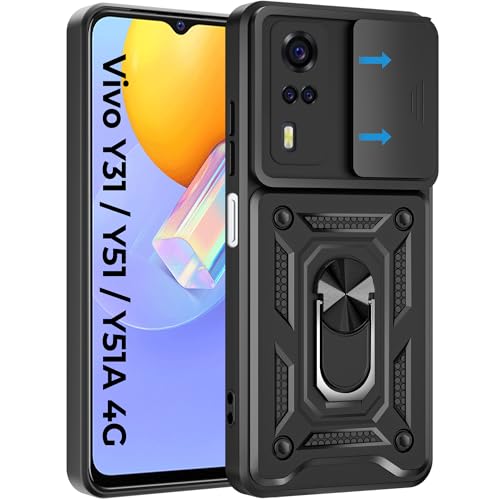 Image of A rtistque Armor Bumper Back Cover Case for Vivo Y31 / Y51 / Y51a 4G | Ring Holder Stand | Sliding Camera Protection | Shockproof Heavy Duty Design | Vivo Y31 Back Cover - Black