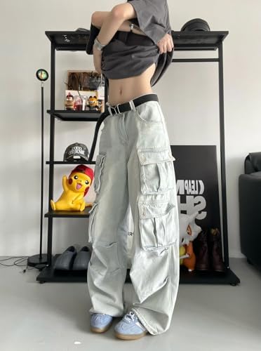 Y2K Hip Hop Jean Pants Baggy Cargo Wide-Leg Jeans Grunge Loose Fit Denim Pants with Multiple Pockets4