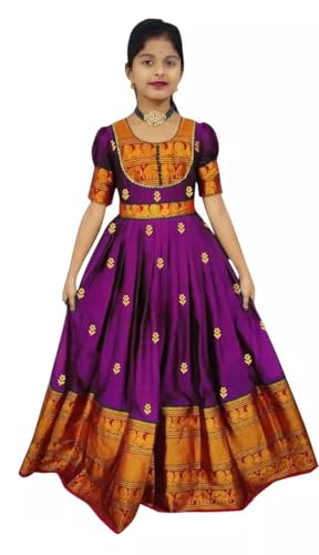 Image of Traditional Silk Kids Anarkali Dress - Purple & Gold Ethnic Wear for Special Occasions - 1PC