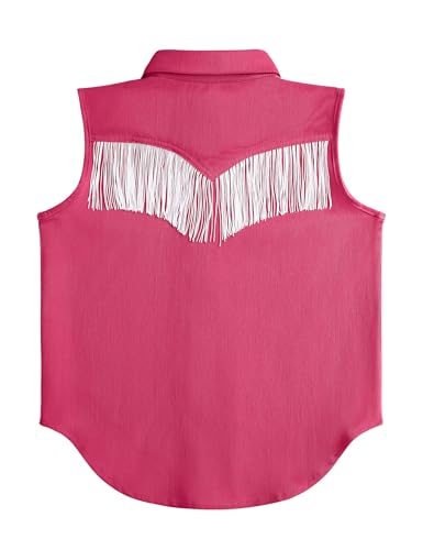 Image of Girls Fringe Shirt Sleeveless Button Down Western Cowgirl Tassel Trim Casual Blouse Shirt Top 4-13Y