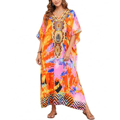 Image of Gypsie Blu Women Plus Size Kaftan Dress Beach Cover Up Maxi Dresses for Women, V-Neck Kimono Sleeve 1X-3X