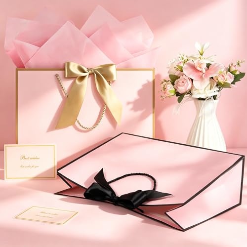 Image of JMANNI Gift Bags with Handles, 13 inch Medium Gift Bag for Presents, 8 Pcs Bags with 16 Tissue Paper and 8 Cards for Baby Shower Wedding Bridal Shower Mother's Day Birthday Party(pink-black)