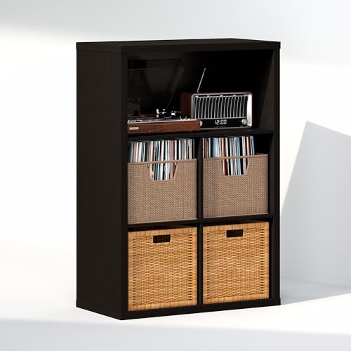 Image of Furinno Cubicle Record Player Stand, 5-Cube Record Storage, Dark Oak | Vinyl Storage, 1.2 inchInch Extra Thick, Closed Back Media Shelf for CD DVD Bluray Game Disc, for Living Room, Home Office