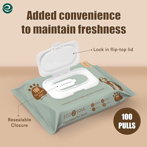 Image of ECO SOUL Pet Wipes for Dogs & Cats, Unscented Large Cleaning Wipes with Aloe Vera & Jojoba Oil | (100 Count Each, Pack of 4)