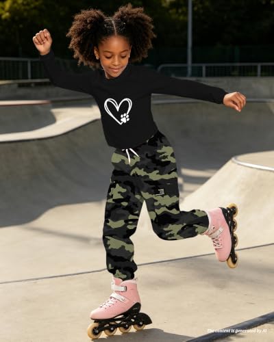 Image of Betusline Girls Fall Winter Clothing Sets, Long Sleeve Crop Top & Cargo Jogger Pants 2 Piece Outfit Sets,4T-14Y
