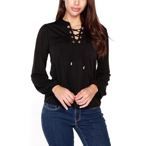 Belldini Black Label Petite Long Sleeve Lace-Up Top Lo Black PXL Cover