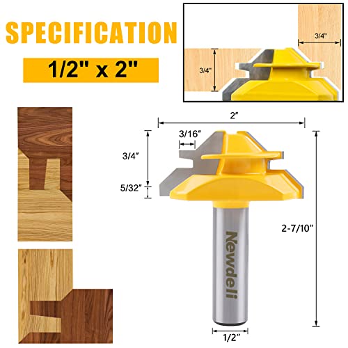 Image of Newdeli 45 Degree Lock Miter Router Bit 1 /2 Inch Shank 3 /4 inch Stock Joint Router Bit for 90-Degree Tenon Joint Woodworking